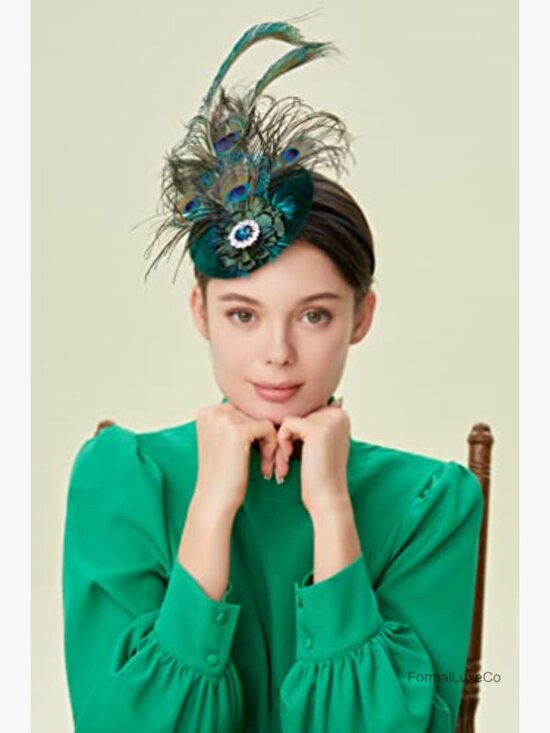 Peacock Feather Pillbox Hat with Rhinestones, Floral Fascinator for Derby main image 4